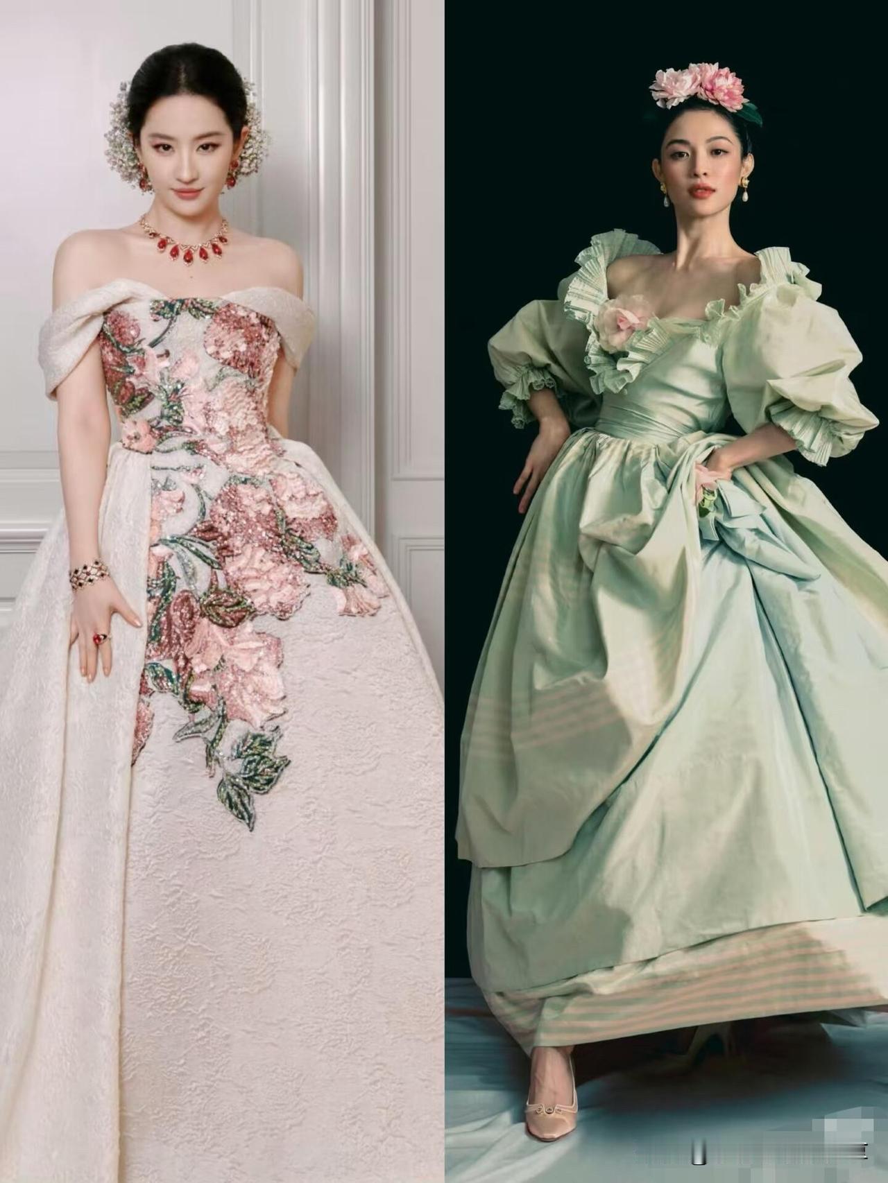 果然是不能和漂亮的人放一堆比，同样都是礼服裙和簪花造型，刘亦菲的妆造及近完美，貌