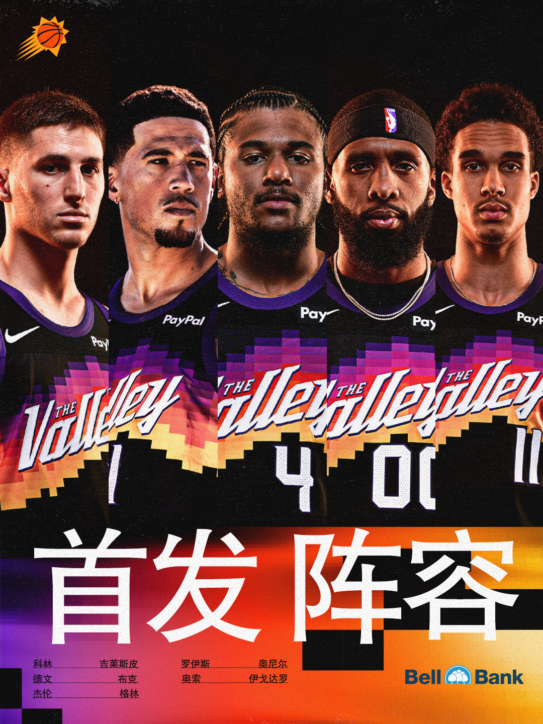 【今日首发阵容☀️】🧡科林-吉莱斯皮💜德文-布克🧡杰伦-格林💜罗伊斯-奥