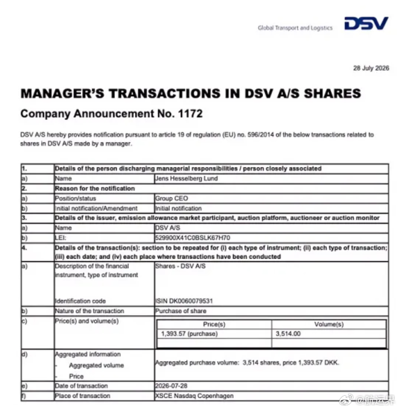 【DSV高管逆势加仓，真金白银也难挽狂澜？】DSV在率先公布2026年二季度业绩