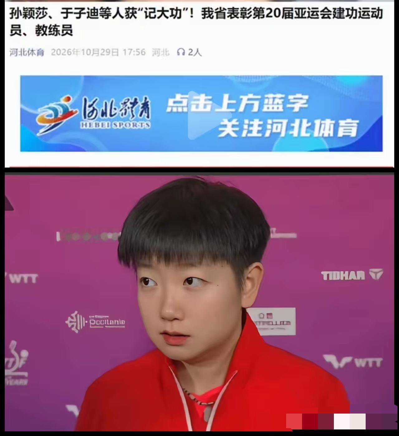 孙颖莎等10人获记大功荣誉奖励！
近日，河北省人力资源和社会保障厅、河北省体育局