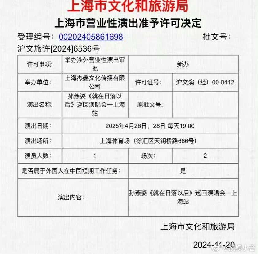 孙燕姿[超话]  孙燕姿上海站获批  《就在日落以后》巡回演唱会上海站审批通过！