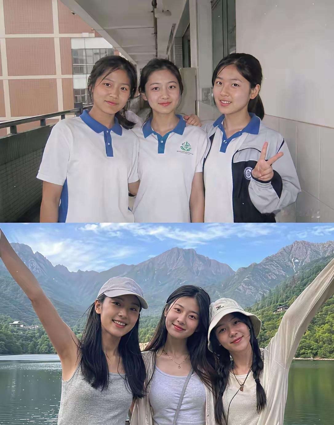 高中时期已经很美了，没想到，大学时期更美。
大家觉得三人中谁最美？高中阶段学生 