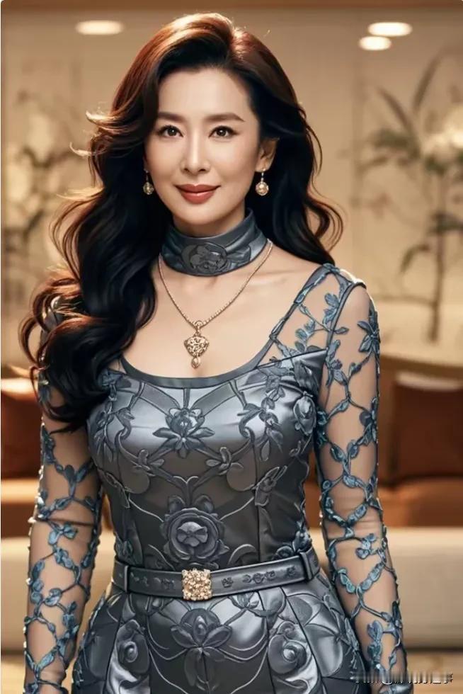 一件灰色的连衣裙，上面印有蓝色的花朵和叶子图案，散发出一种闪亮的质感。
棕色头发