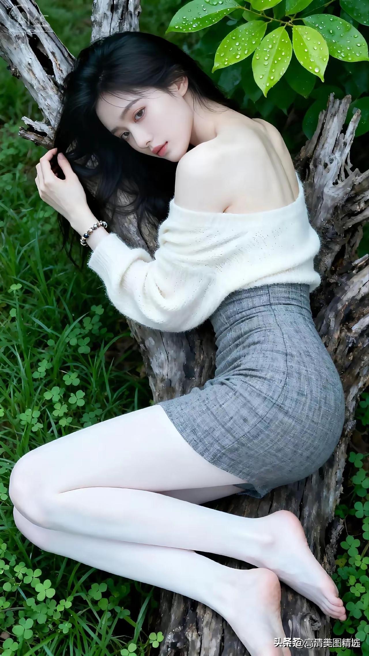 🌳👩‍🦰 在树旁轻抚秀发，感受大自然的宁静与美好。