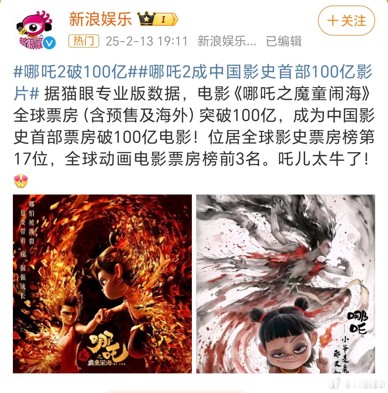 哪吒2破100亿 太牛了！哪吒2破100亿！目前全球排名前二十，感觉进入前十应该