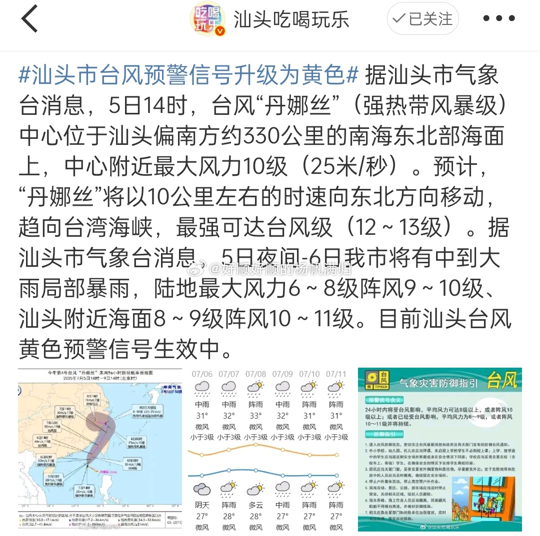 汕头市台风预警信号升级为黄色下点毛毛雨，就跑了……汕头有点大惊小怪了[吃瓜][吃