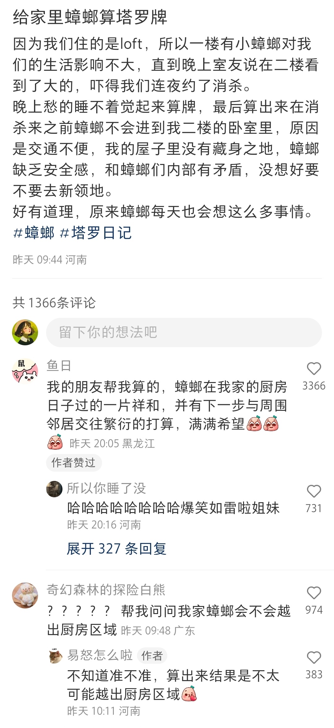 给家里蟑螂算塔罗牌… ​​​