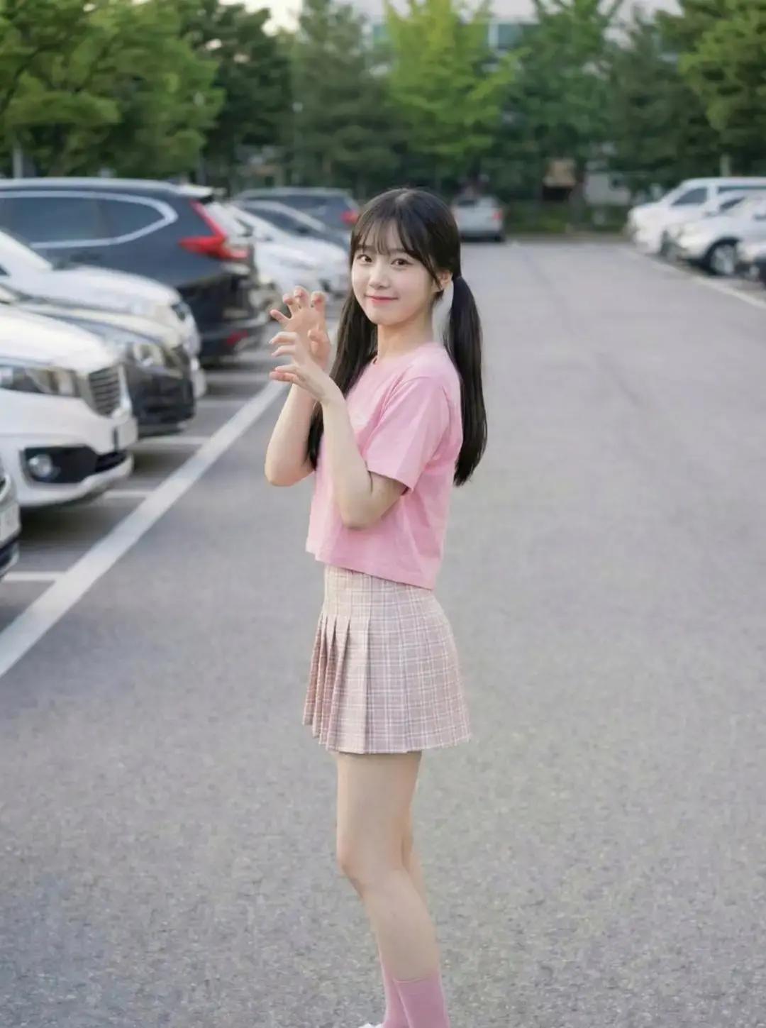 停车场随手一拍，35%搜索暴涨！
 
粉色T恤加格纹裙，双马尾一扎，手机咔咔两下