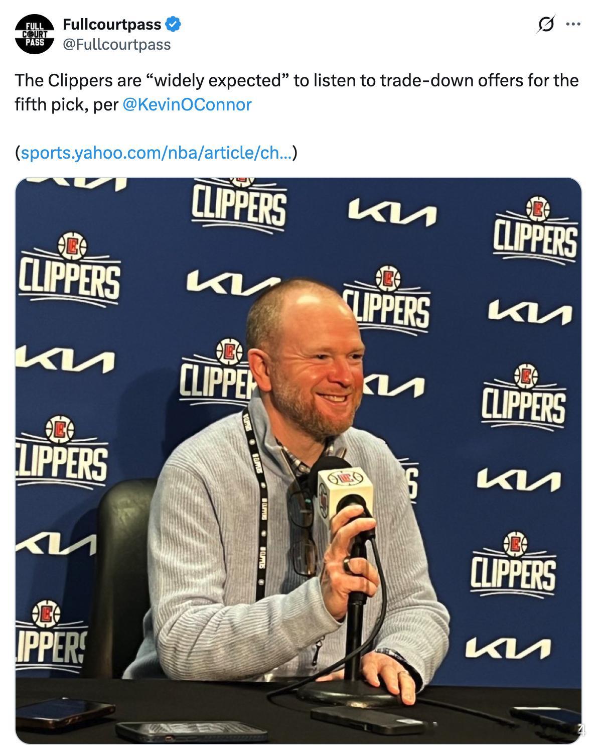 据Kevin O'Connor报道，快船“被普遍认为”会听取五号签向下交易的报价