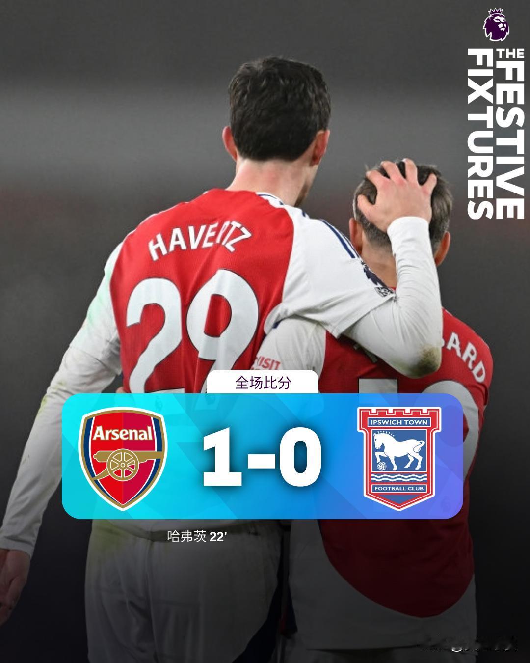 全场比分 | 阿森纳 1-0 伊普斯维奇

⚽第22分钟，特罗萨德左路拿球下底传