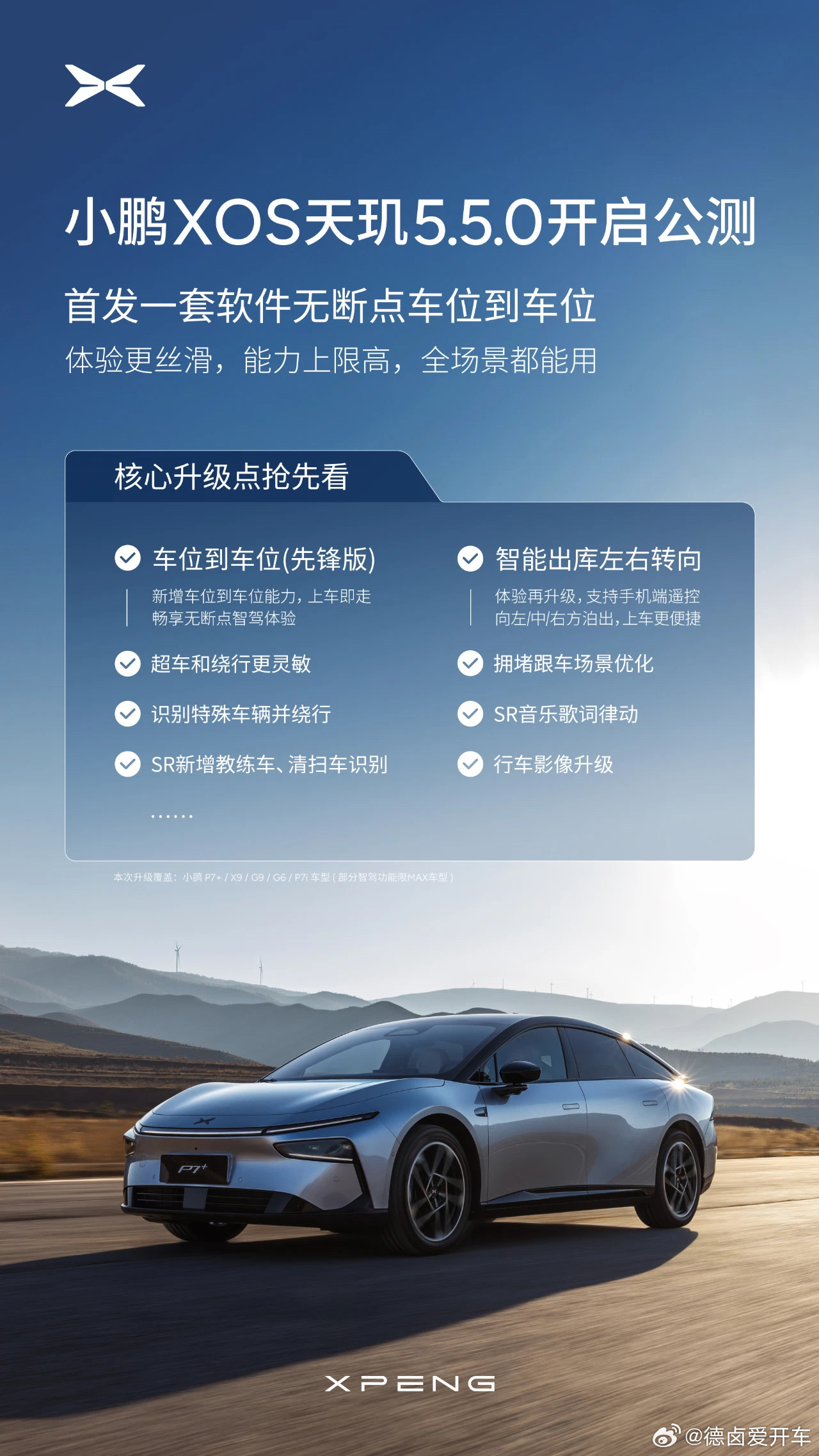 小鹏XOS天玑5.5.0开启公测，车位到车位来了。 小鹏p7+  