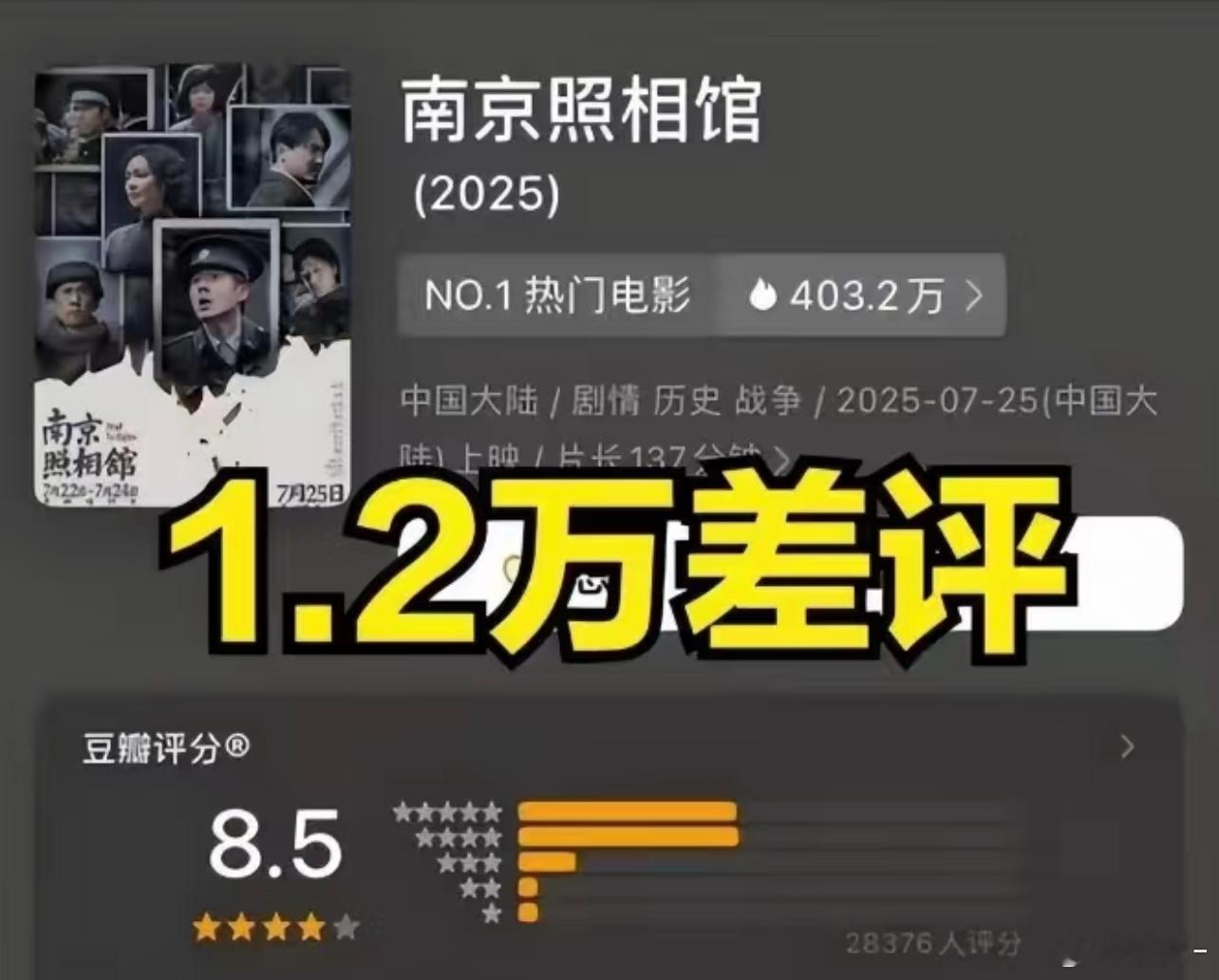 《南京照相馆》豆瓣差评炸锅！1万人打低分，严查那些差评的IP，也许就就能抓到被和