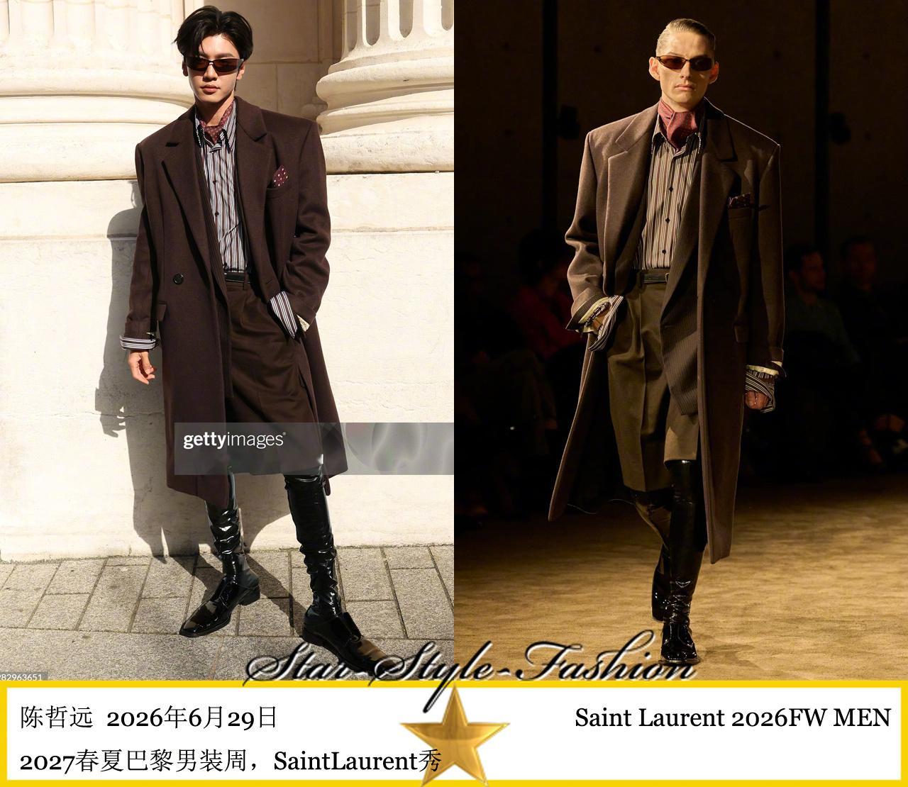 陈哲远身着saint laurent2026秋冬男士系列深咖色大衣短裤装亮相。 