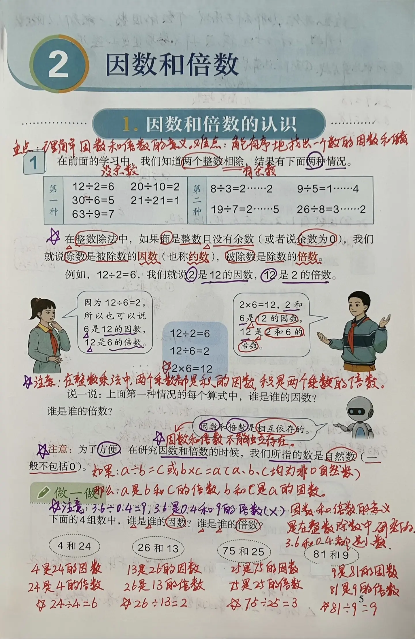 五年级下册 第二单元 因数和倍数的认识。例1例2例3课堂笔记因数和倍数...