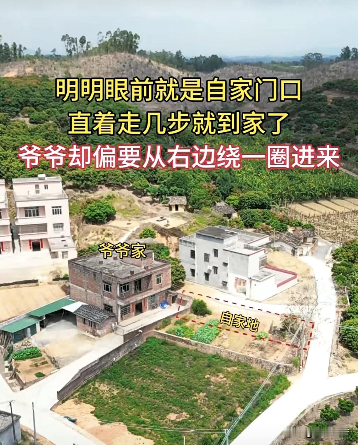 明明眼前就是自家门口，
直着走几步就到家🏠了。
爷爷却偏要从左边绕一圈进来‼️