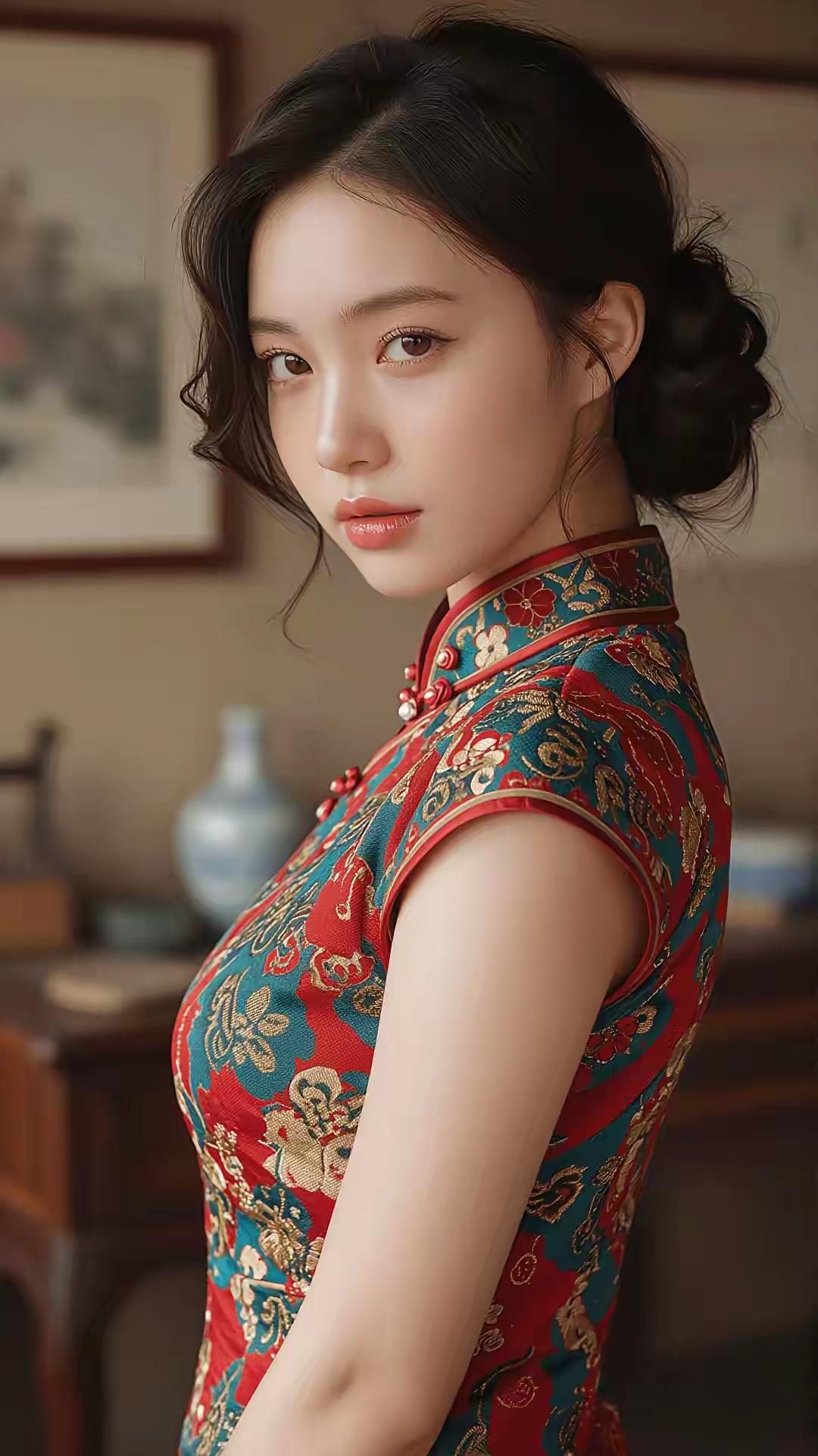 👩 人物与发型
少女的黑发被精心盘成温婉的低发髻，几缕碎发自然垂落在脸颊旁，既