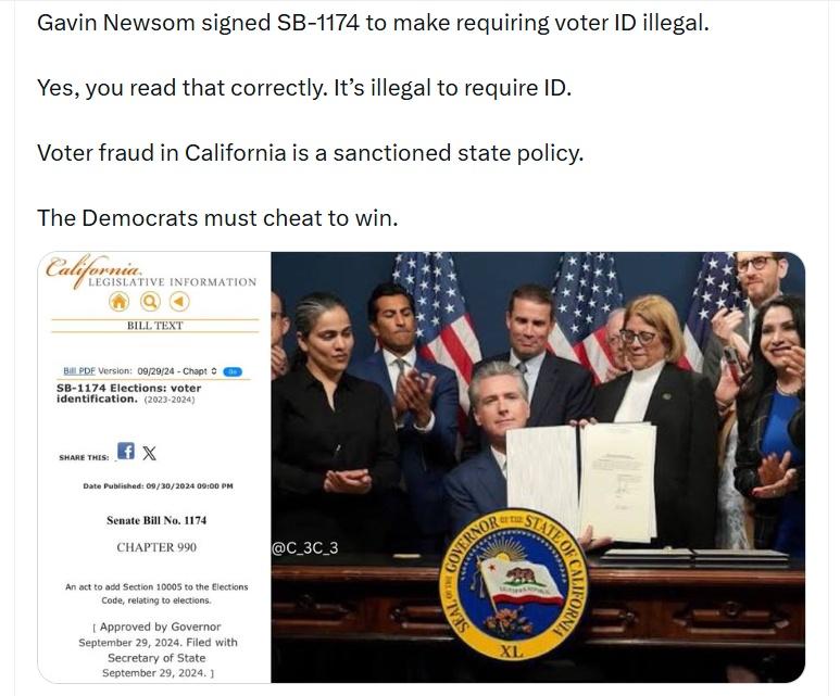 加州州长加文·纽森签署了SB-1174 法案，使要求选民出示身份证成为非法。
