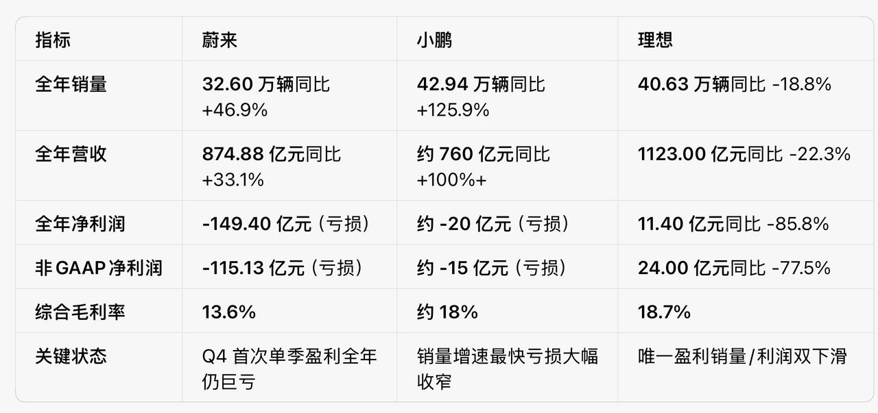 蔚小理2025年财报对比，蔚来和小鹏还是亏损状态，理想还是盈利状态，平均每天净赚