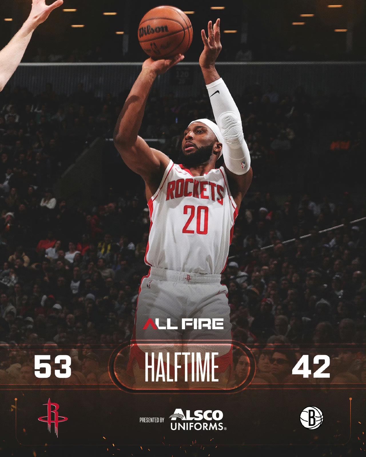 半场火箭53:42篮网。伊森早早3犯了，被篮网打出11:2好险那。
杜兰特12分