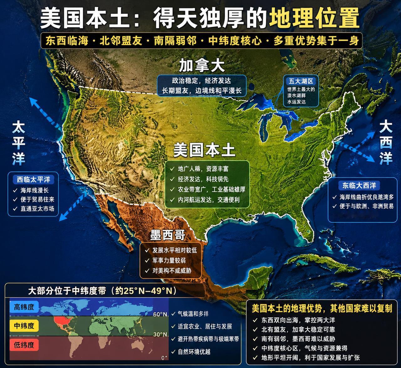 从地理的角度，美国常被称作“天选之地”，拥有十分突出的自然与地缘优势。美国本土东