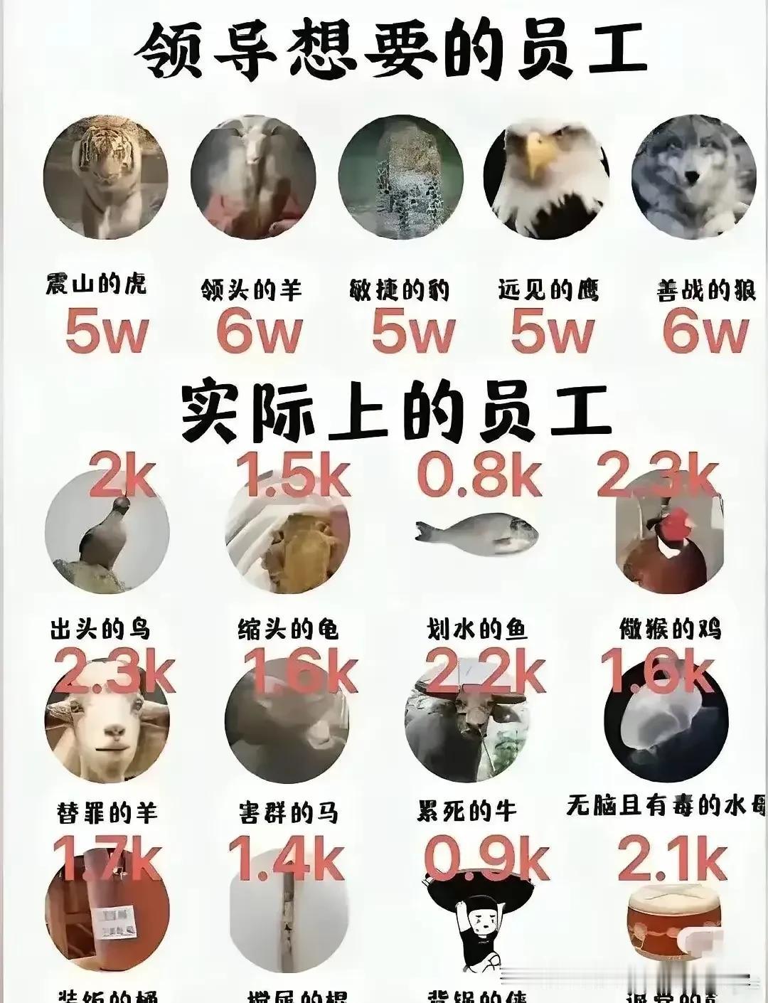领导眼中的员工是这样的，看看你是属于哪种？其实老板想的是你需要干老虎的话，工资是