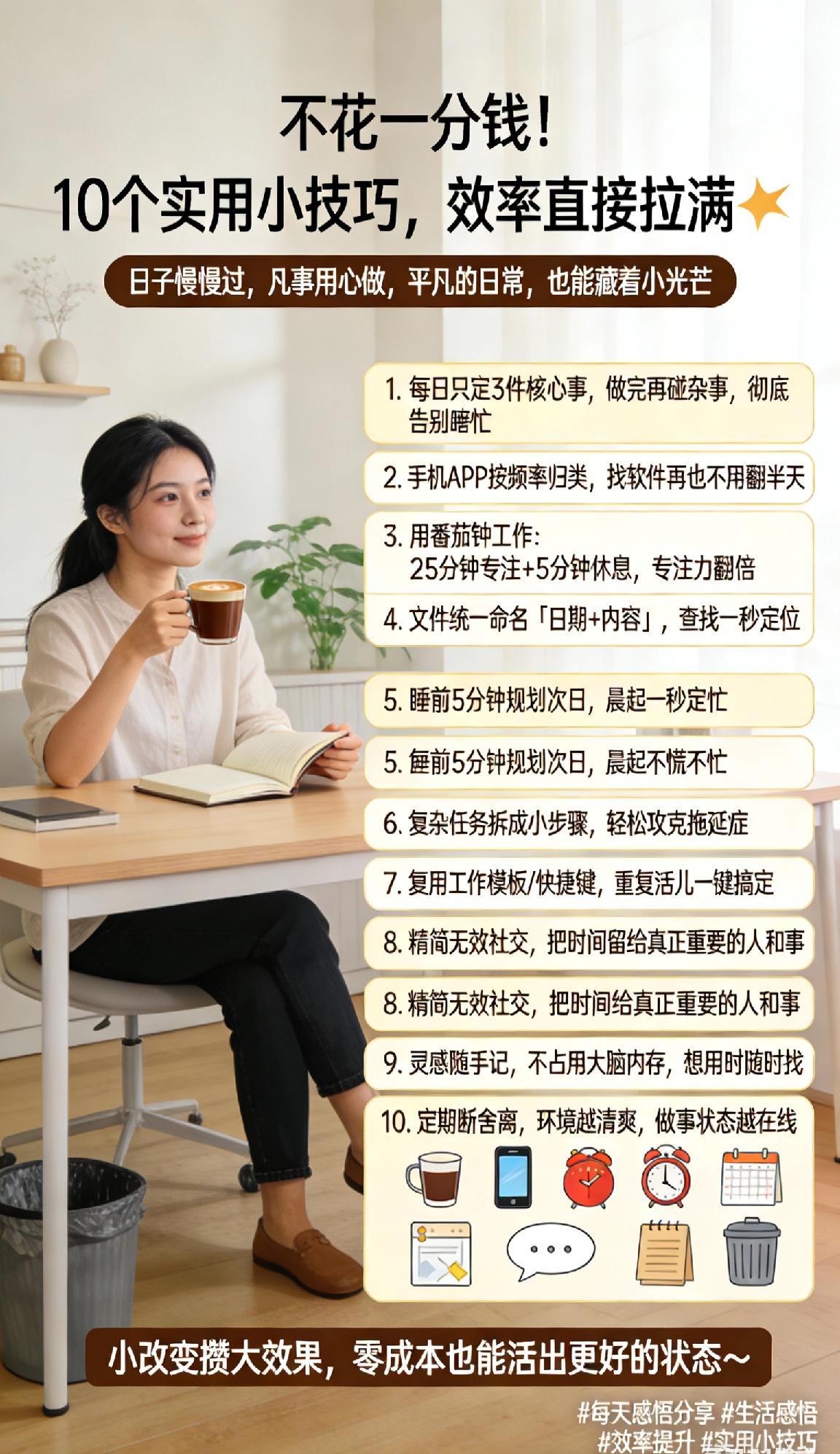 不花一分钱！10个实用小计巧，效率直接拉满✨
 
每天感悟分享
日子慢慢过，凡事