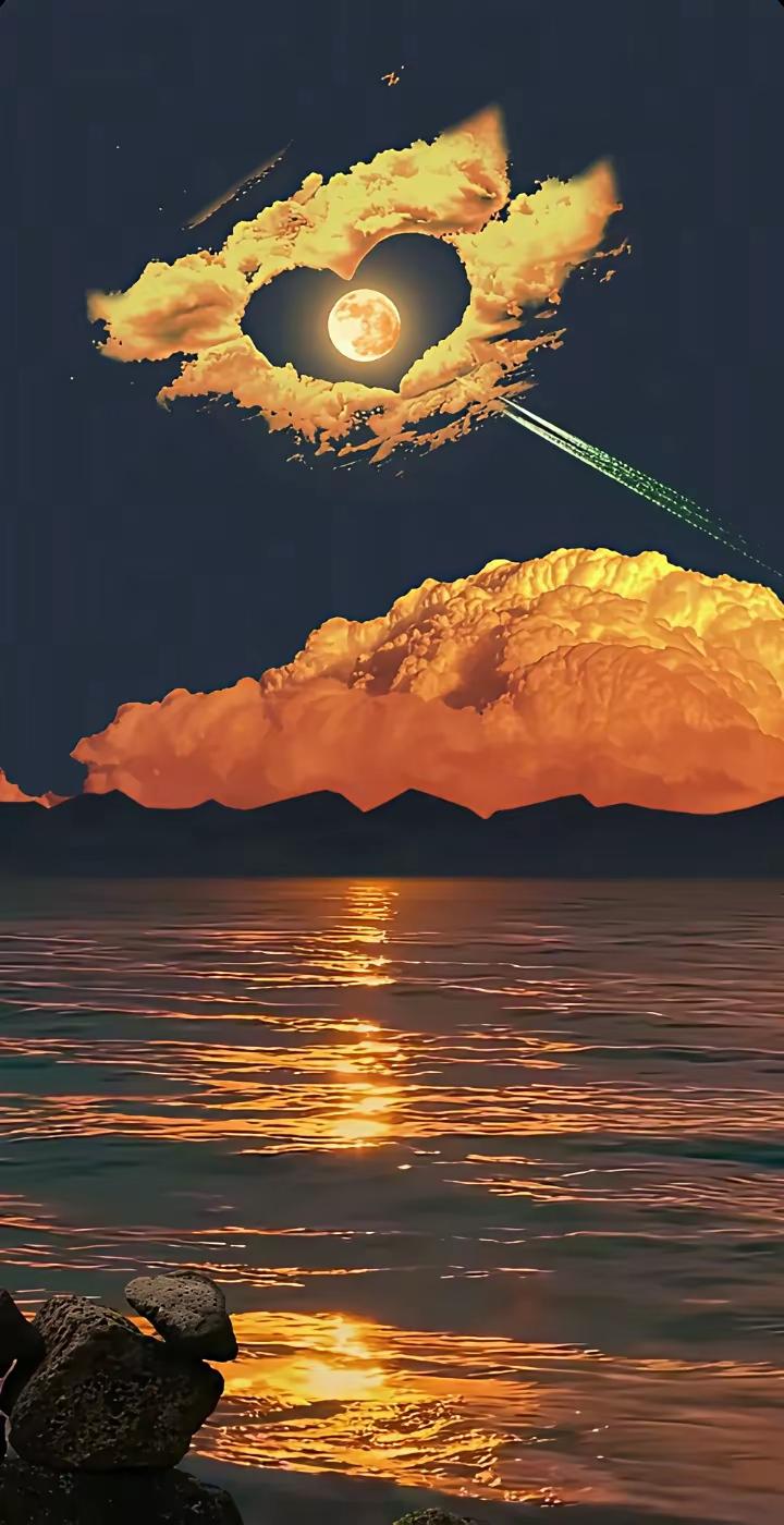 梦幻月夜，心形的月亮与流星划过夜空，宁静的海面倒映着金色的光芒。