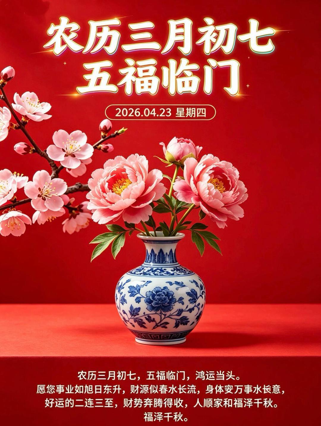 五福临门鸿运至，财源如春水长流。愿君事业腾达，安康顺遂，福泽绵长岁岁欢。春日生活