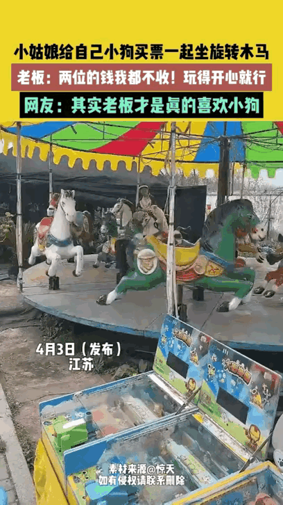 小女孩坐旋转木马时，特意给小狗也买了一张票，她对狗狗的这份爱意，深深打动了老板，