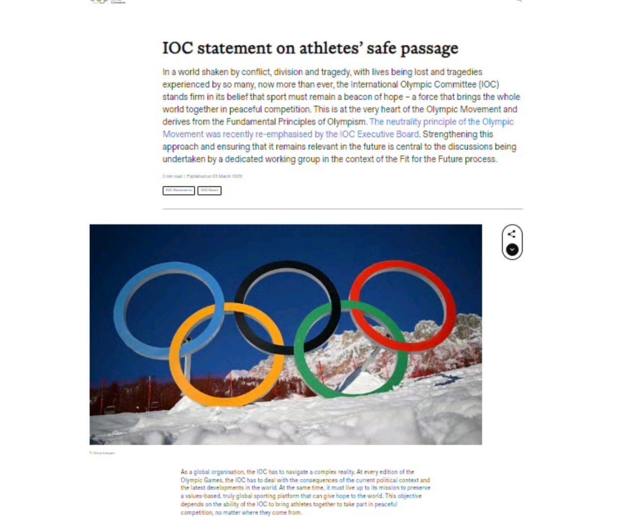 国际奥委会明确表态：奥林匹克休战决议不具约束力，呼吁保障残奥运动员参赛权奥林匹克