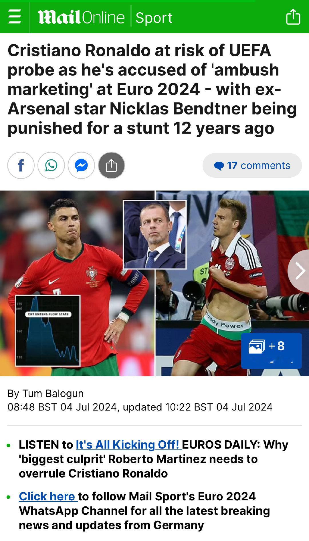 【营销型“球王”实锤？👀】据《邮报》报道，C罗可能因为埋伏式营销行为面临处罚。