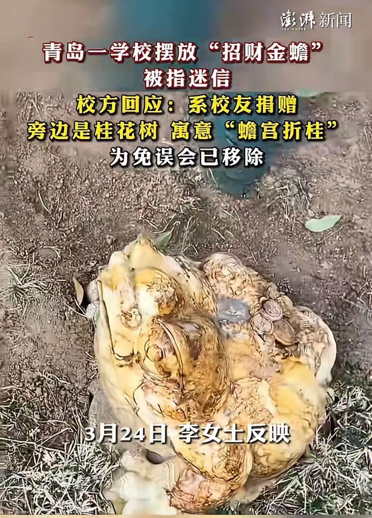 青岛学校摆“招财金蟾”被举报迷信，网友怒了：林女士，你的“病”得治！

“金蟾正