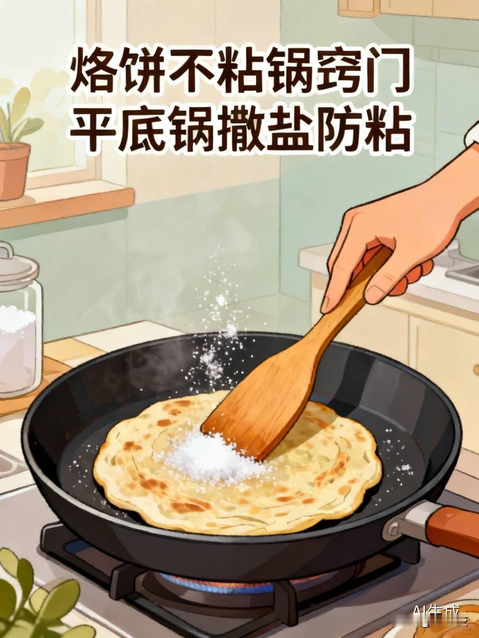 烙饼不粘锅窍门
烙饼时，在平底锅上撒点盐，就不容易粘锅。