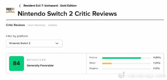 NS2版《生化危机7》M站84分《生化危机7黄金版》的NS2版评价已经解禁，M站