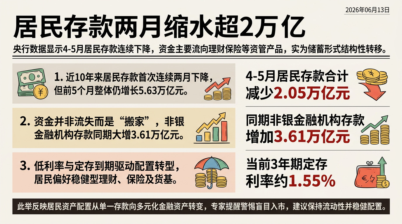 居民存款两个月缩水超2万亿居民存款两个月缩水超两万亿，这笔钱并没流向日常消费，大