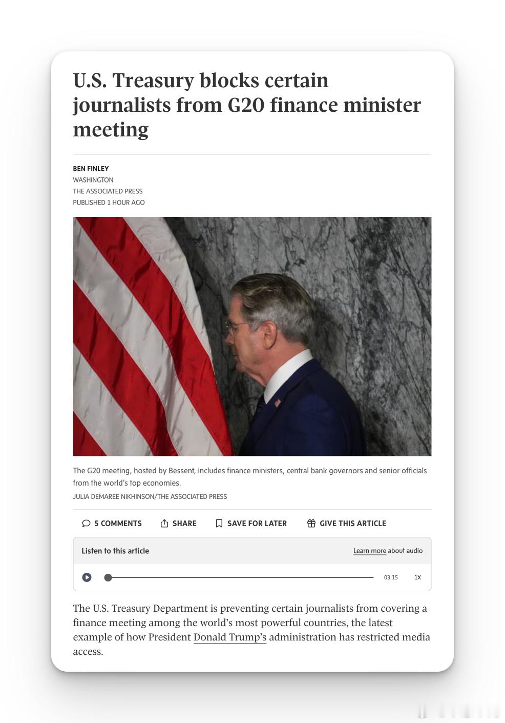 美国财政部禁止部分记者参加G20集团财长会议特朗普政府继续对记者实施打压，阻止部