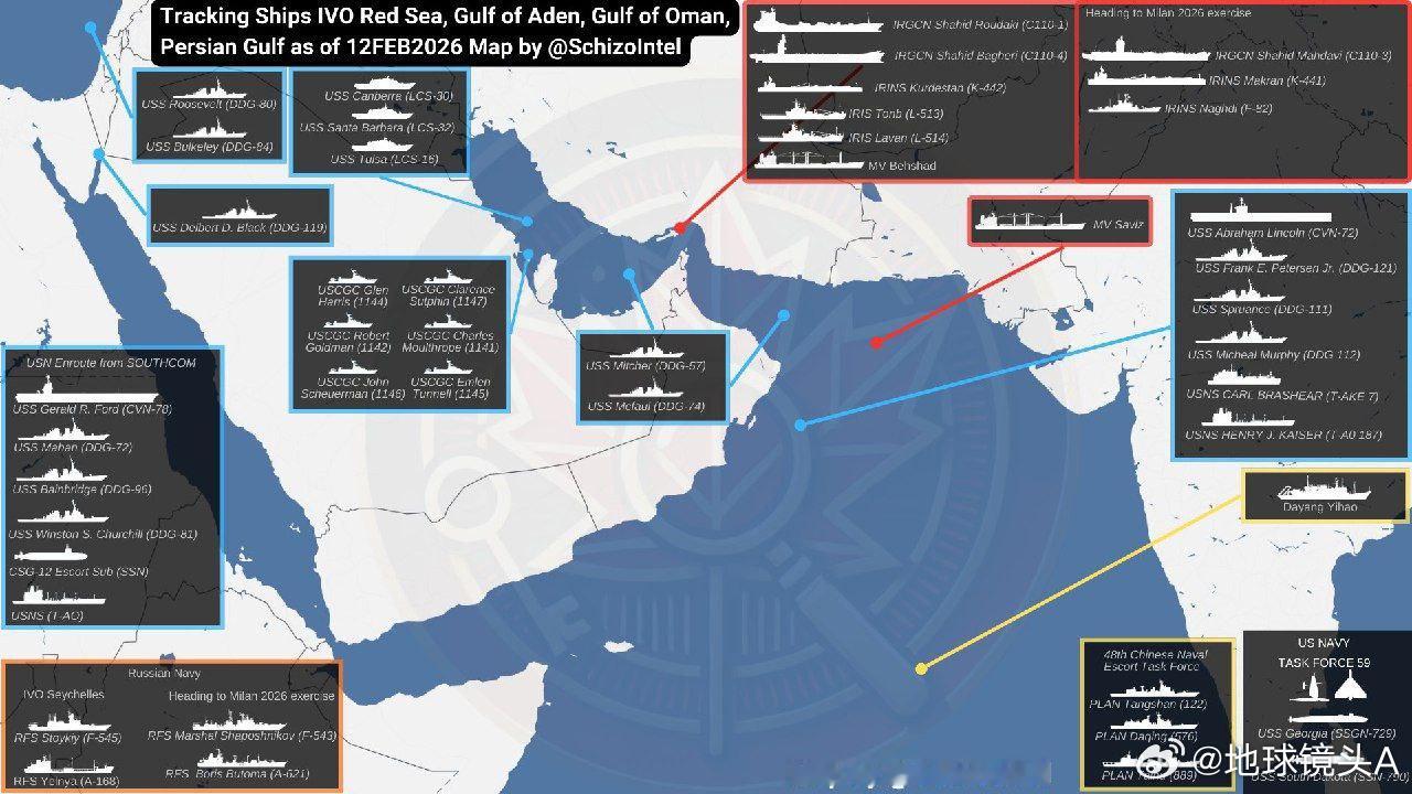 美伊对峙 目前美军集中在西亚方向的军力以及伊朗海军大致位置。福特号还没到。另外，