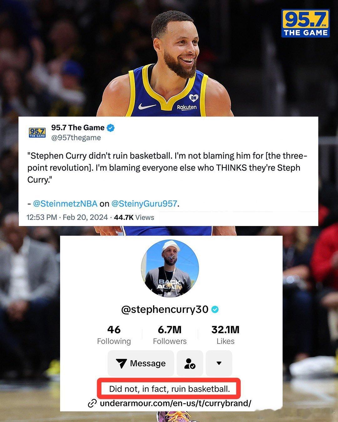 库里在TikTok的介绍：真的没有毁掉篮球[笑cry][笑cry]#金州勇士[超