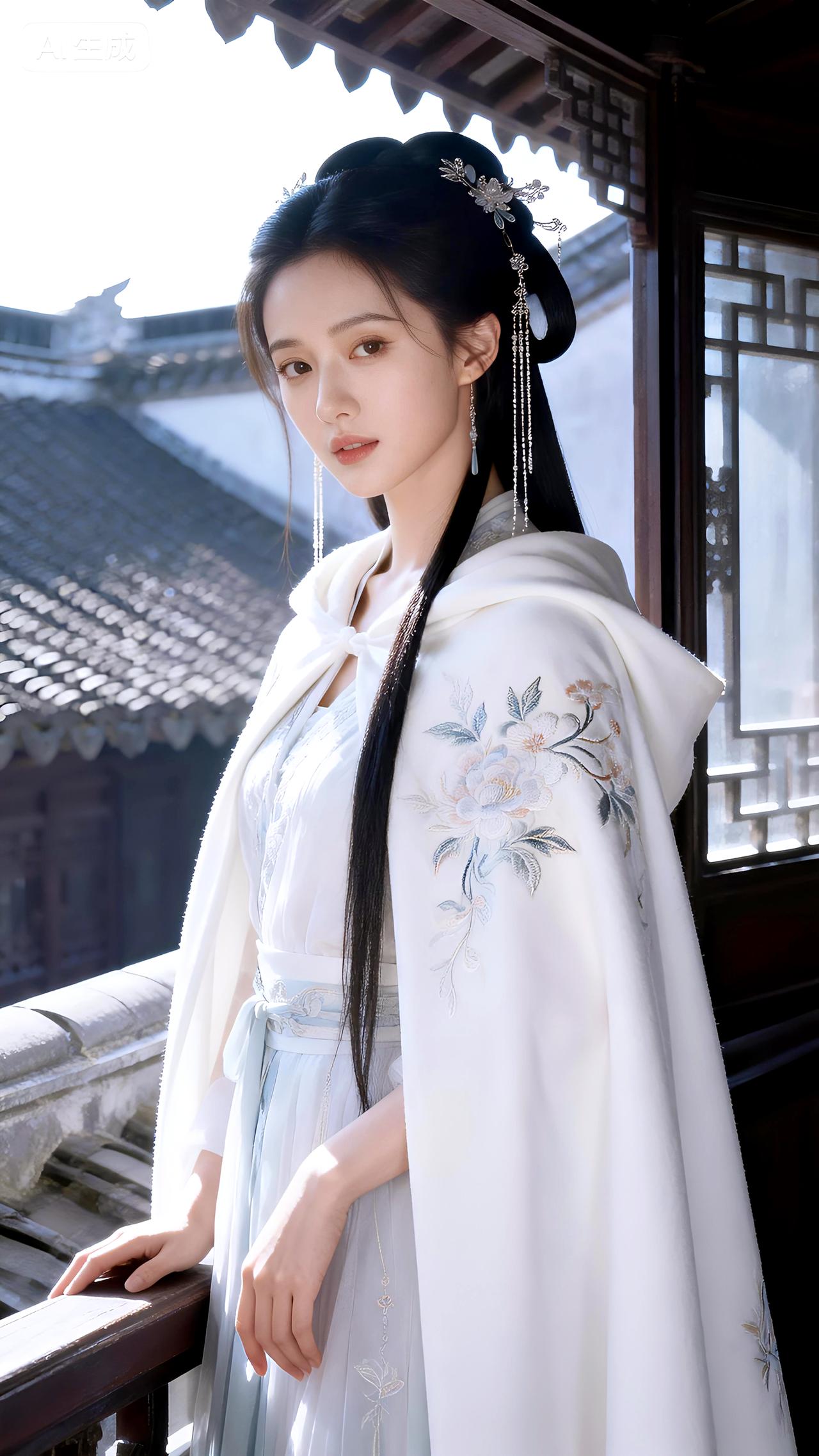 倚阁听雪玉絮扬，琼芳漫缀素罗裳。豆包 壁纸 写真