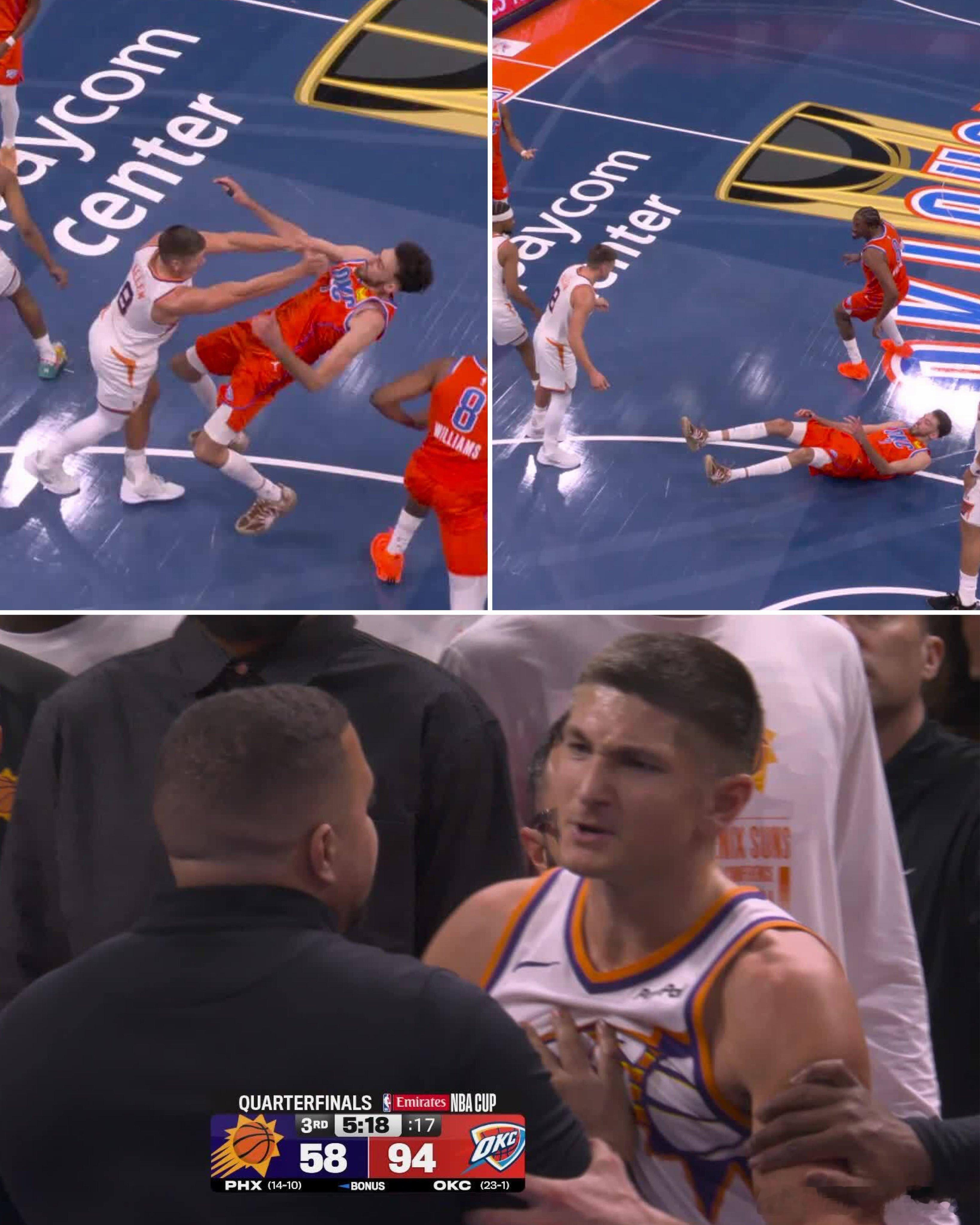 雷霆太阳冲突 格雷森-阿伦掩护时直接抬肘放倒了切特，切特起来打算理论，杰威上去准