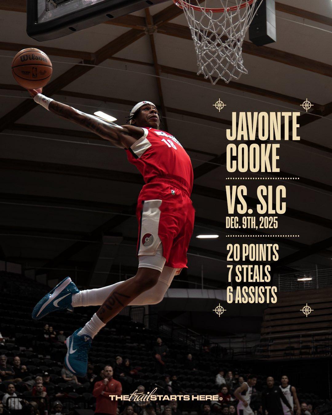 开拓者的双向合同球员贾文特-库克在发展联盟对阵爵士二队盐湖城星的比赛中拿下了20