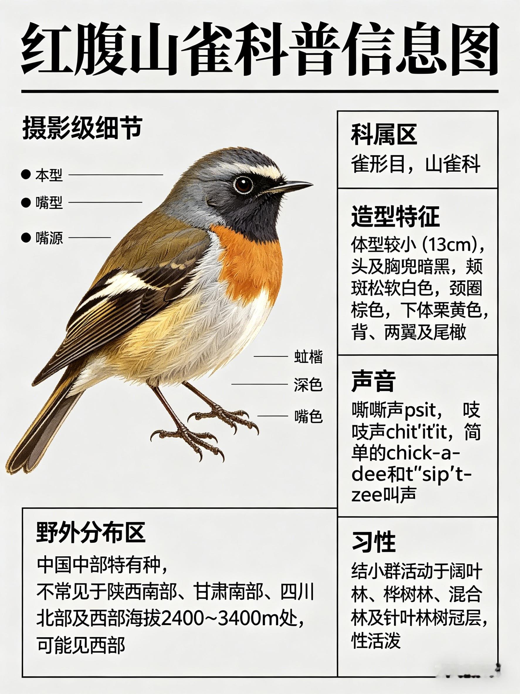 鸟类朋友图鉴 红腹山雀·科属：雀形目，山雀科。·外形特征：体型较小（13cm）而