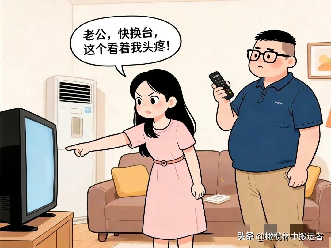 搞笑漫画：老婆：老公，快换台，这个看着我头疼！。老公这不是你最爱看的剧吗？刚演啊
