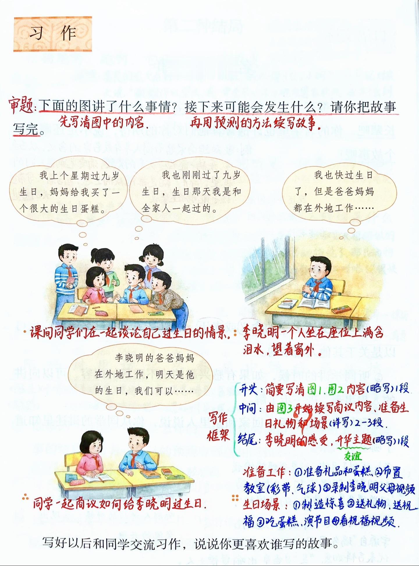 三年级上册语文第三单元习作《续写故事》笔记。可以自拟题目： 1、突出感...