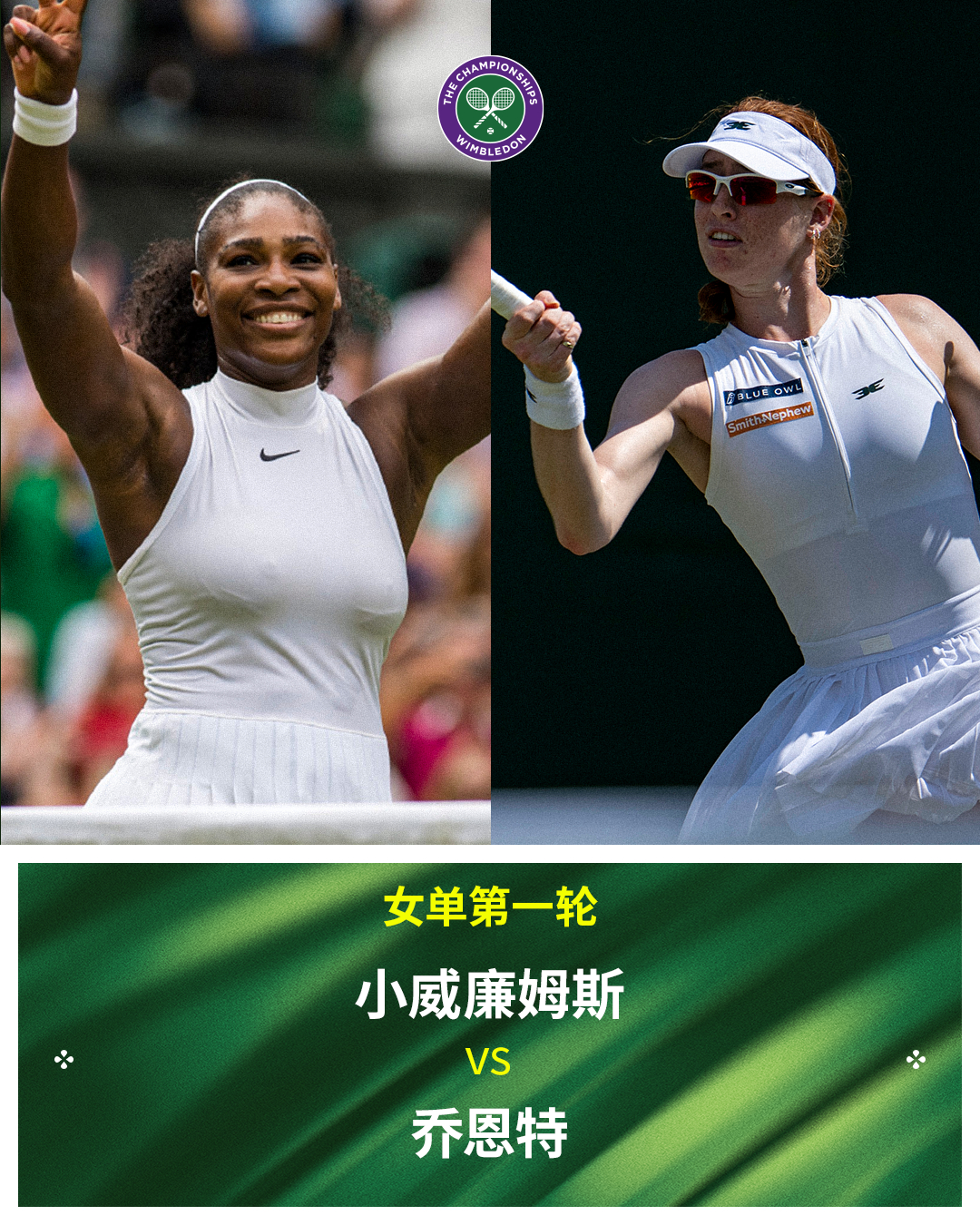 温网2026 女单首轮对阵小威廉姆斯 VS 乔恩特 追求卓越 温网超话