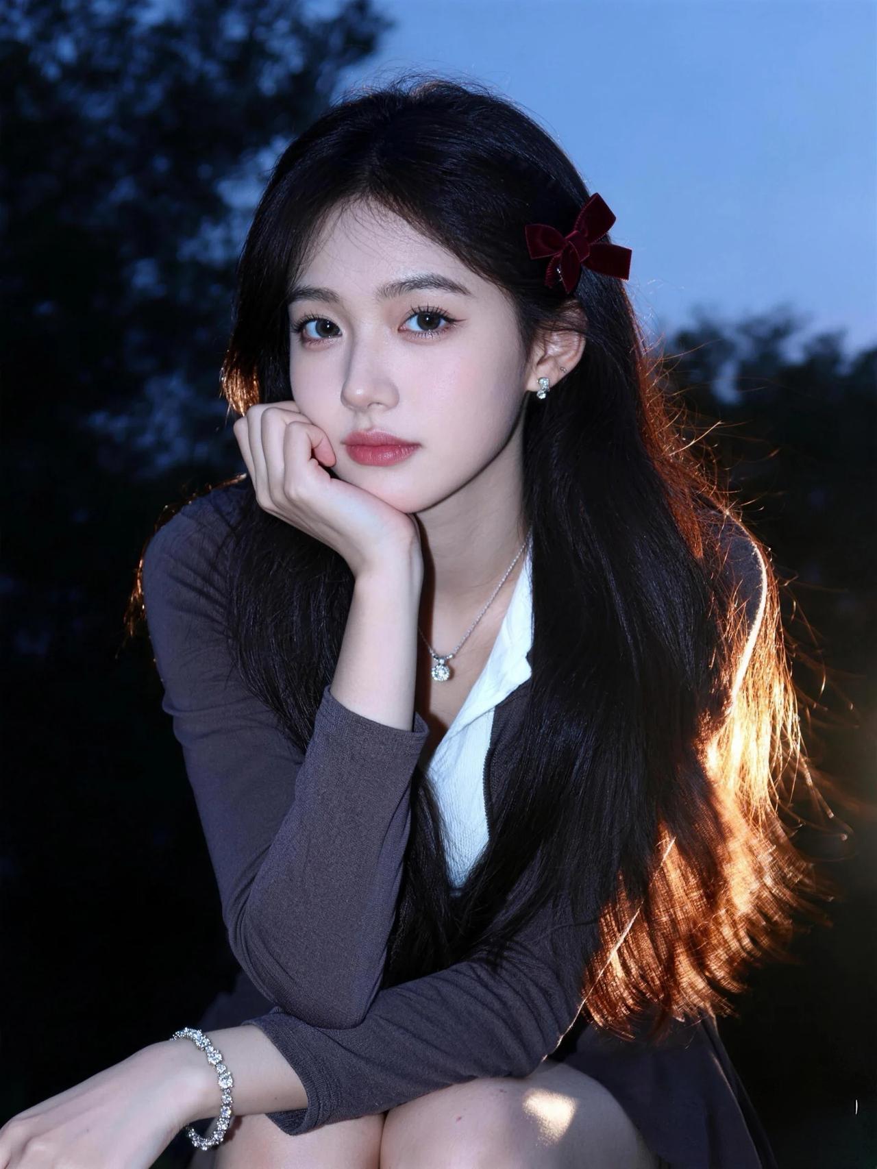 暮色苍茫中你倚坐的身影，宛如古希腊神话里走出的缪斯女神，在光影交错间自带神圣光环