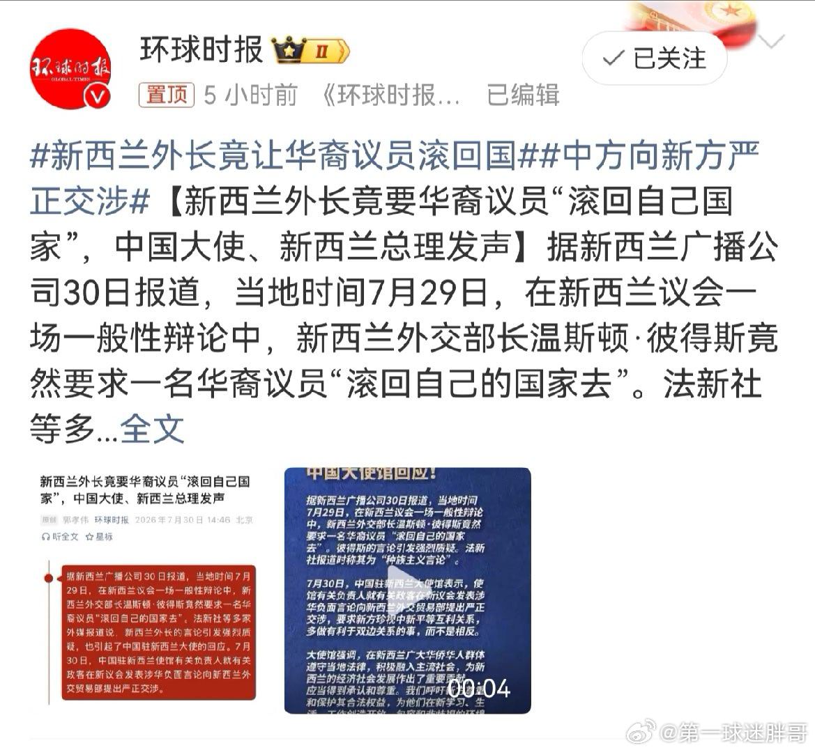新西兰外长竟让华裔议员滚回国 新西兰那些政客本身就是垃圾，中国大使已经很含蓄的讲