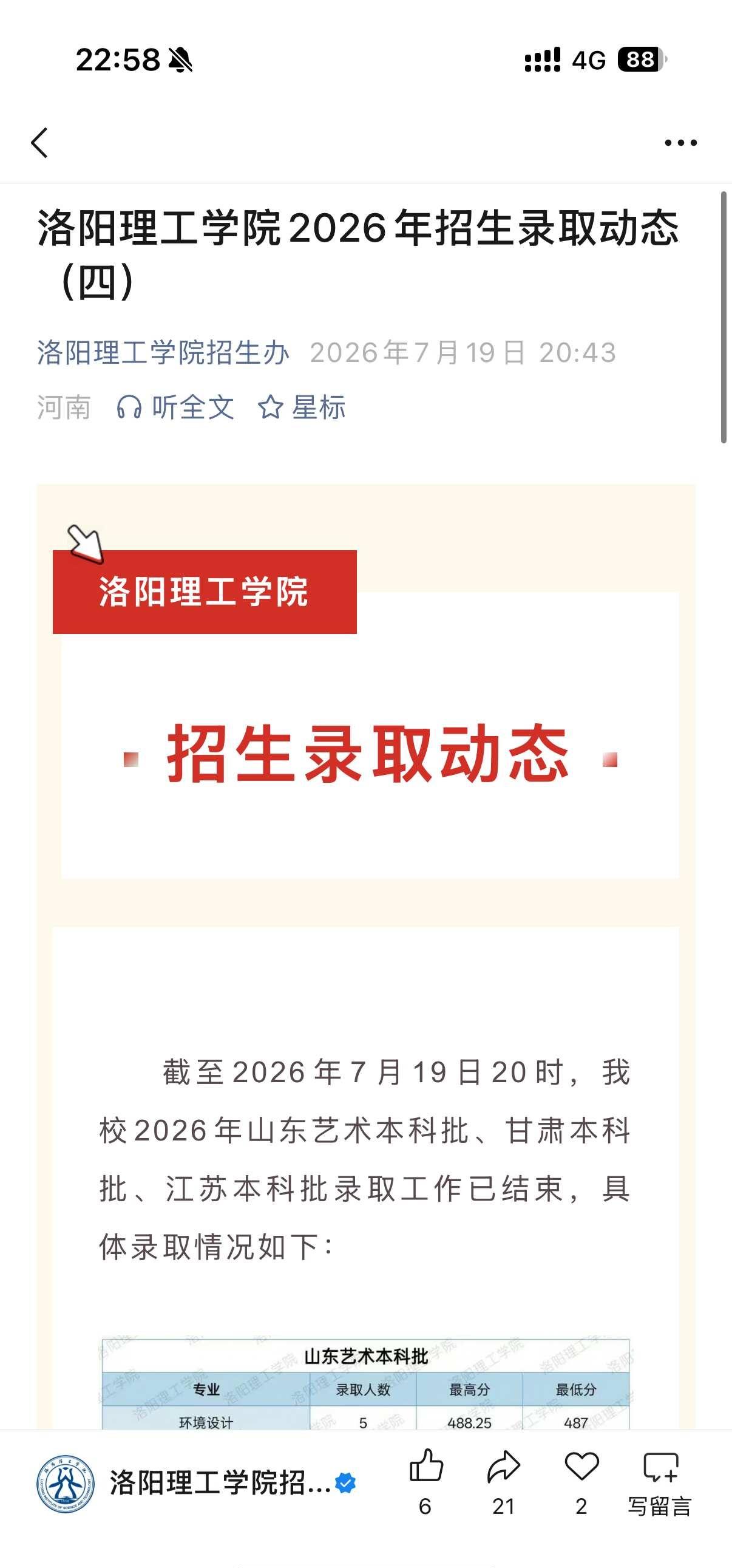 洛理工三省录取分数线新鲜出炉
山东艺术｜甘肃｜江苏本科批录取结束
分数线全部放出