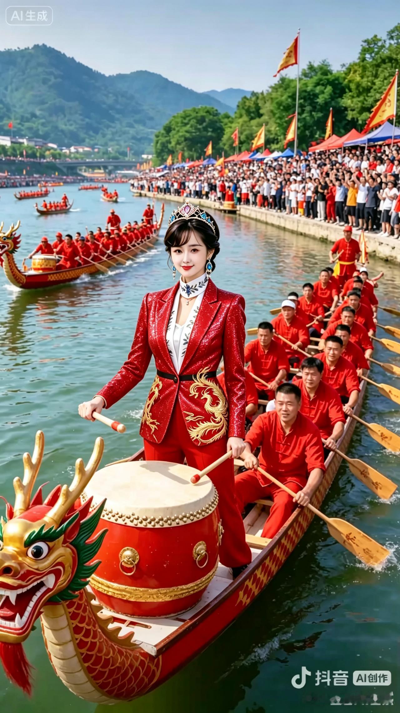 简短通俗款
凤冠佳人掌舵龙舟，场景极为壮观
凤冠美女立船头，
擂鼓助威气势足。