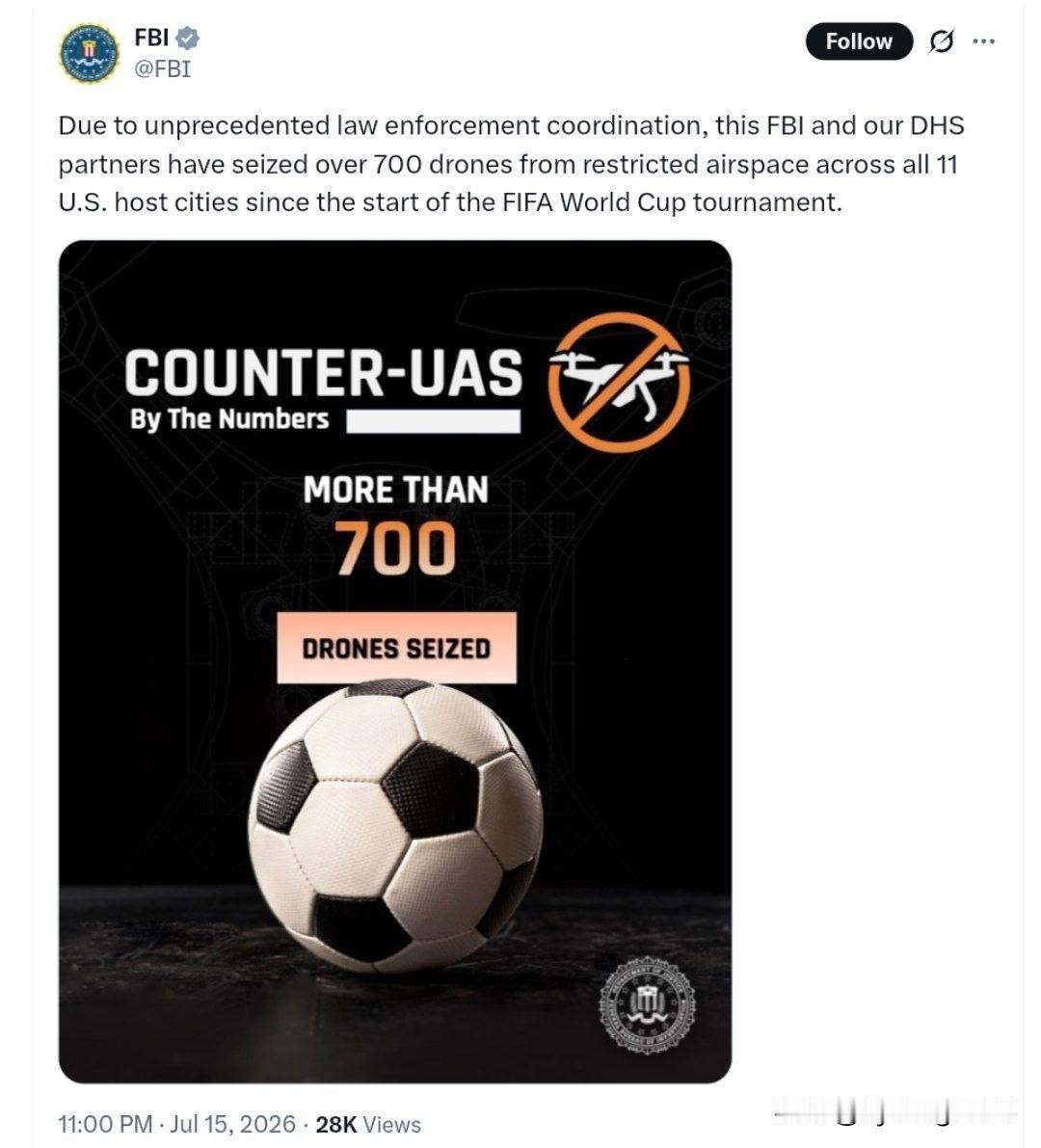 📸 🇺🇸 FBI：世界杯期间，美国当局在体育场馆及其他体育赛事场地附近拦截